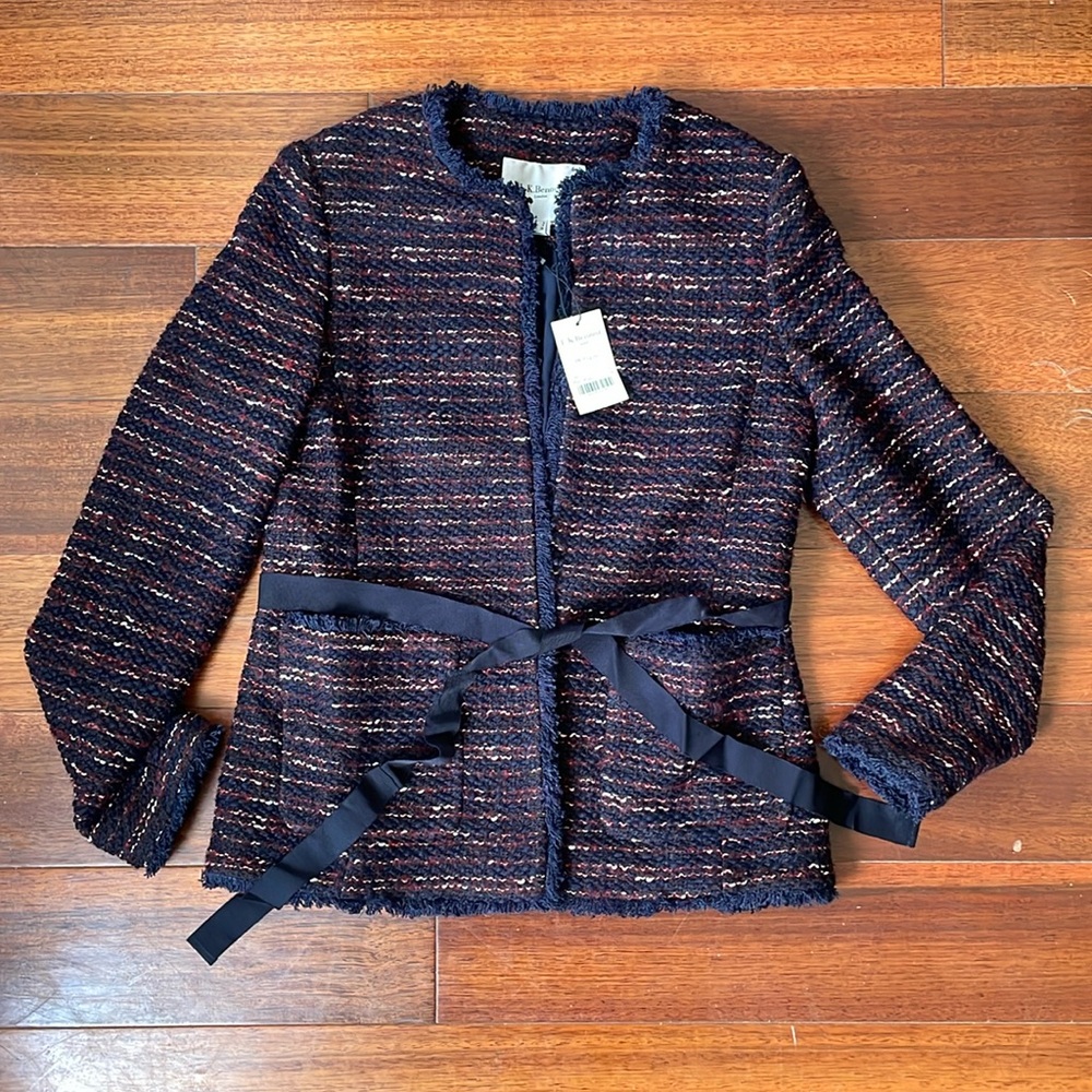 L.K. Bennett Elaine Tweed Jacket NWT Warm Navy Burgundy Red Black Sash Tie Size4
